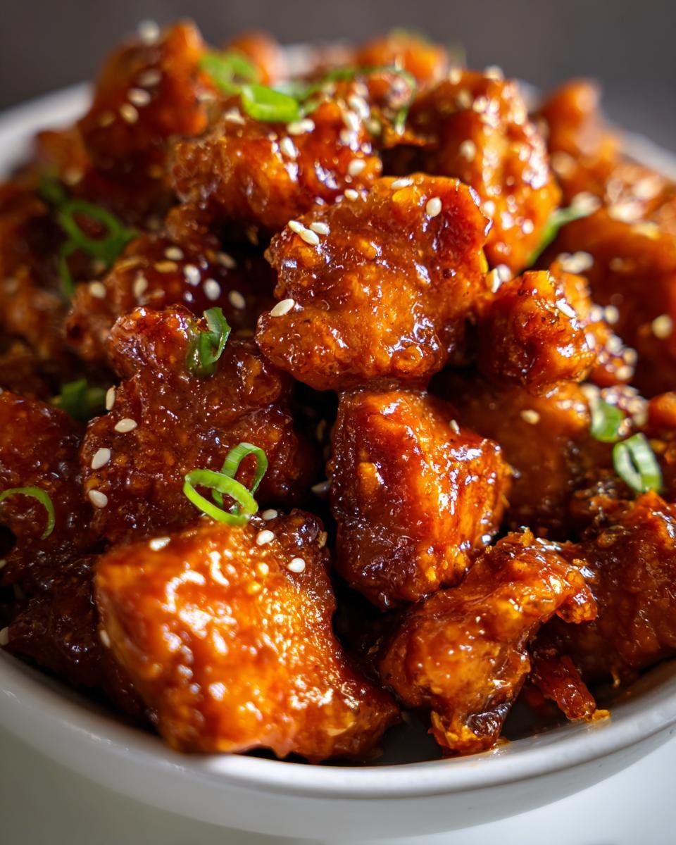 Close-up of Irresistible Crockpot Orange Chicken Recipe, coated in a glossy sauce and sprinkled with sesame seeds and green onions.