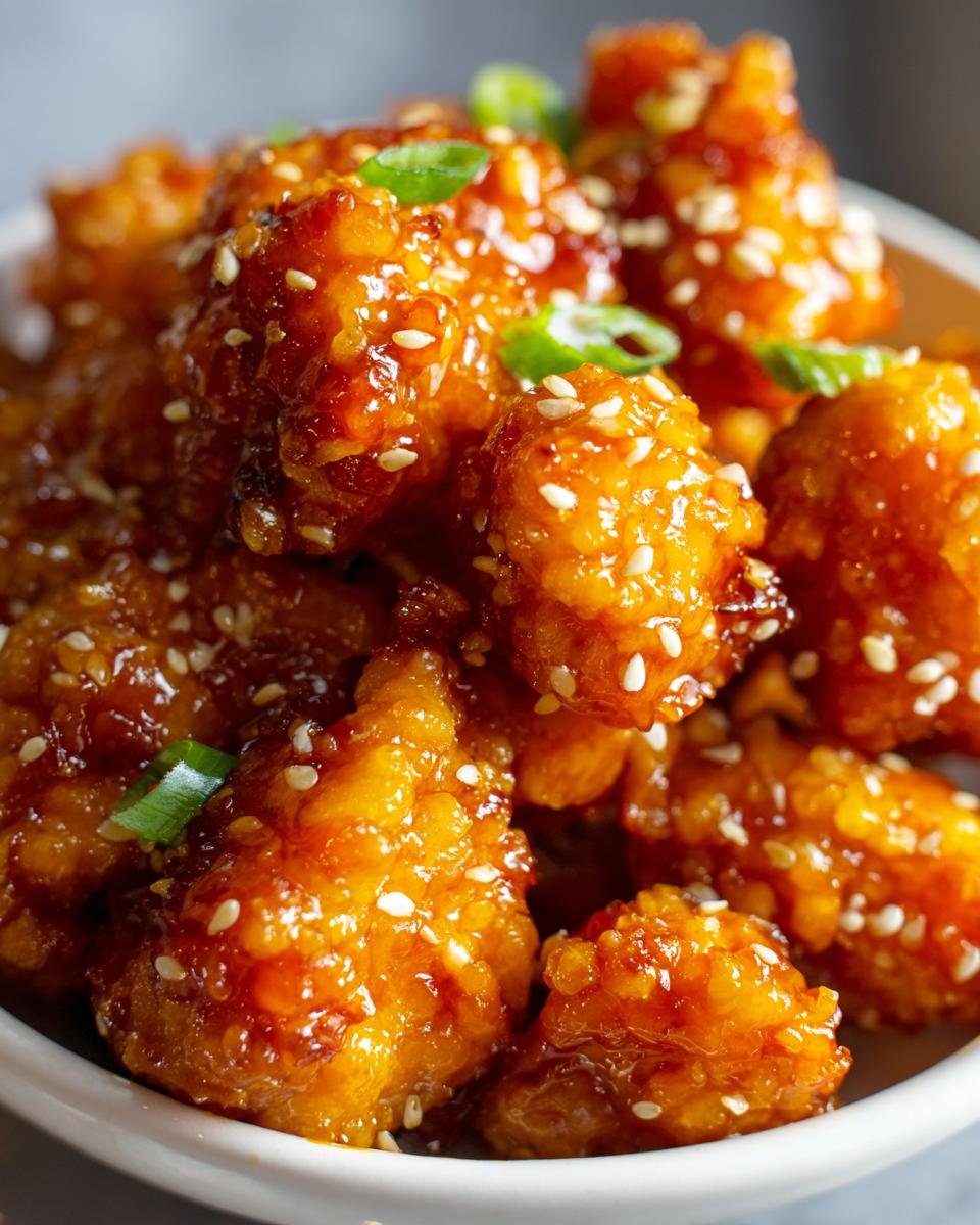 Close-up of glistening, bite-sized pieces of Irresistible Crockpot Orange Chicken, coated in sauce and sprinkled with sesame seeds and green onions.