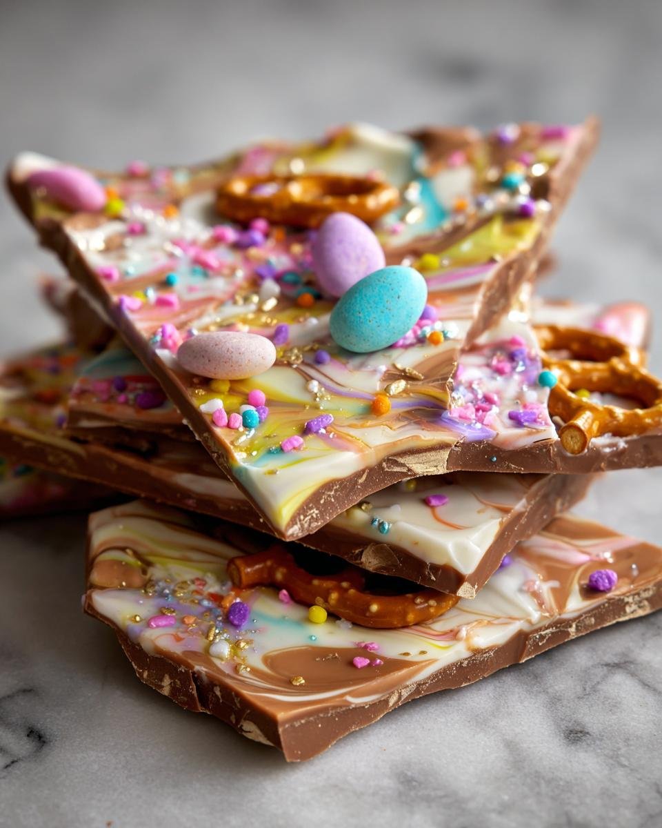 Close-up of stacked pieces of Irresistible Easter Chocolate Bark, decorated with pastel candy eggs, sprinkles, and pretzels.