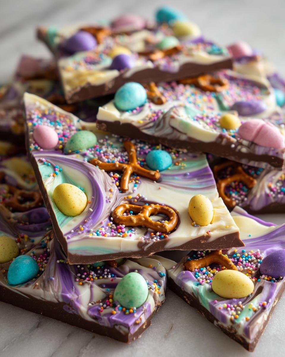 Close-up of colorful Easter chocolate bark, swirled with purple and white chocolate, topped with mini eggs and sprinkles.