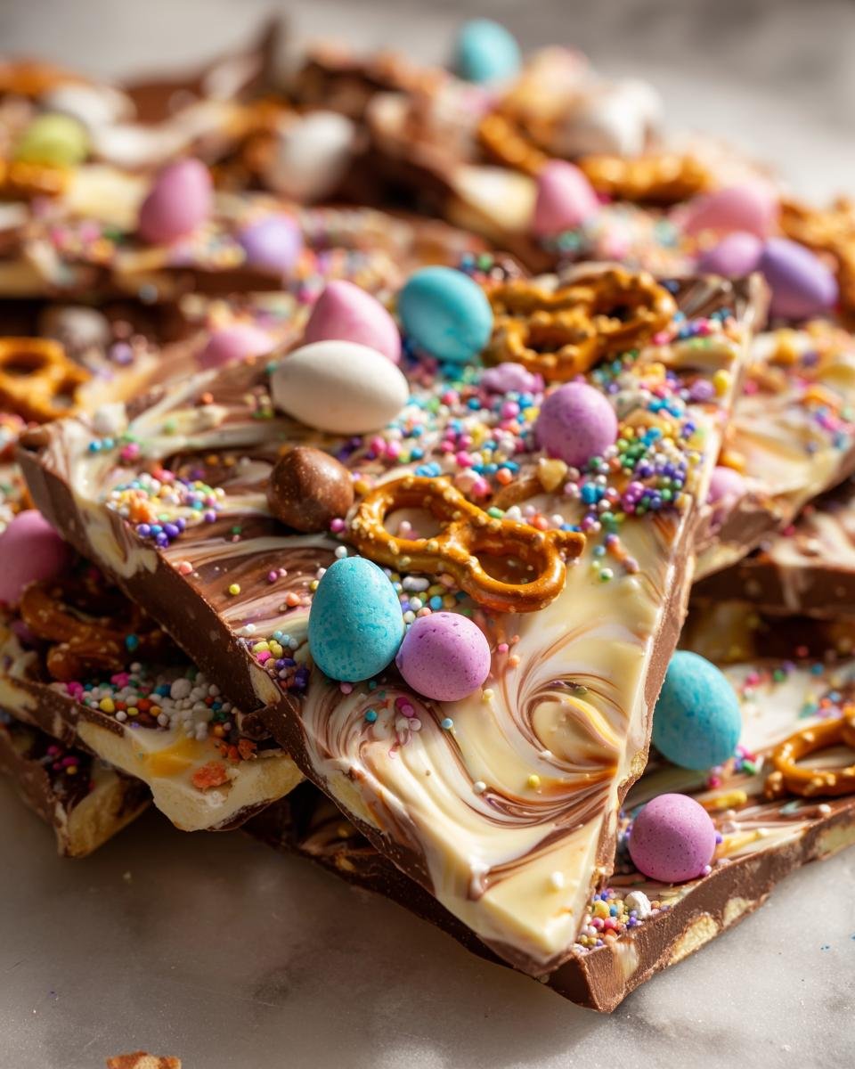 Close-up of swirled milk and white chocolate bark topped with colorful Easter candies, sprinkles, and pretzels.
