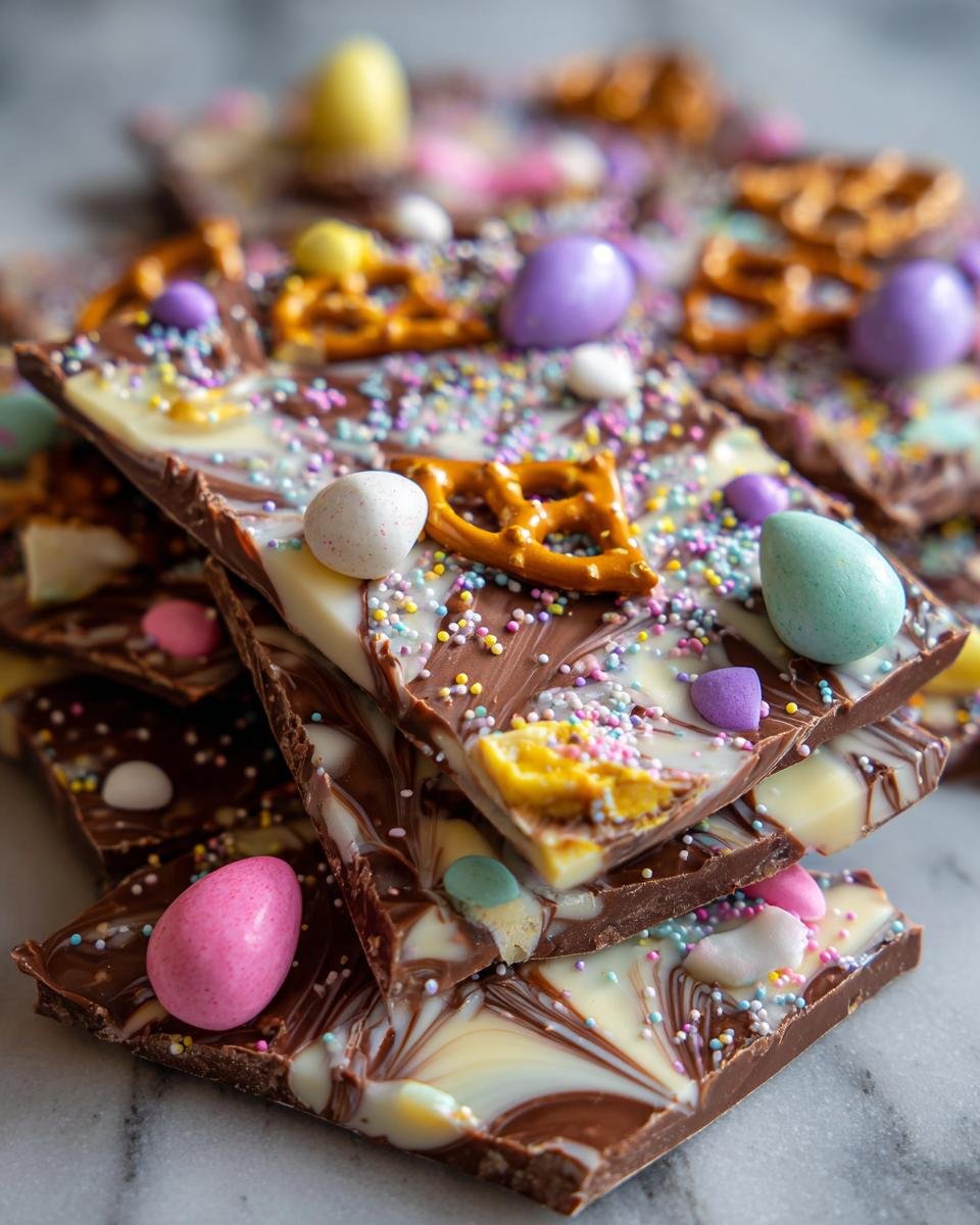 Close-up of stacked slices of Irresistible Easter Chocolate Bark, decorated with pastel candy eggs, sprinkles, and pretzels.