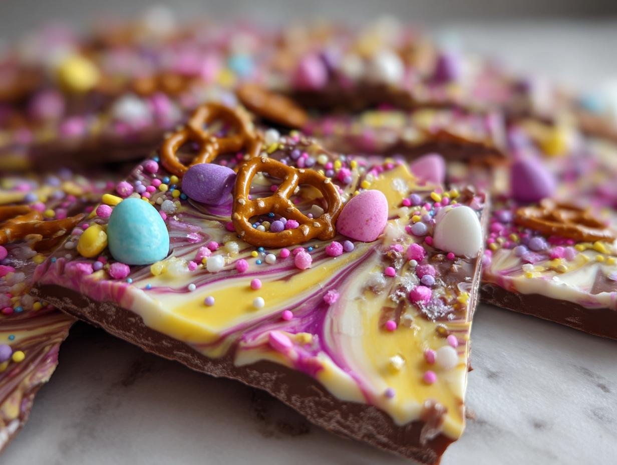 Close-up of Irresistible Easter Chocolate Bark Recipe with pastel swirls, sprinkles, mini pretzels, and candy eggs.