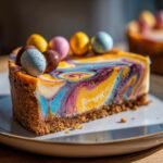 A slice of Irresistible Easter Egg Cheesecake with colorful swirls and topped with mini chocolate eggs.
