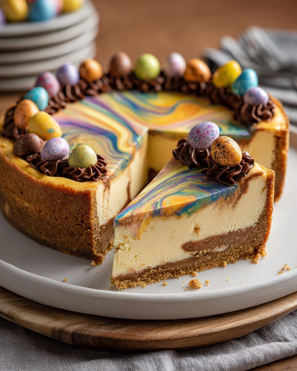 A slice of Irresistible Easter Egg Cheesecake with colorful marbled topping and chocolate frosting adorned with mini Easter eggs.