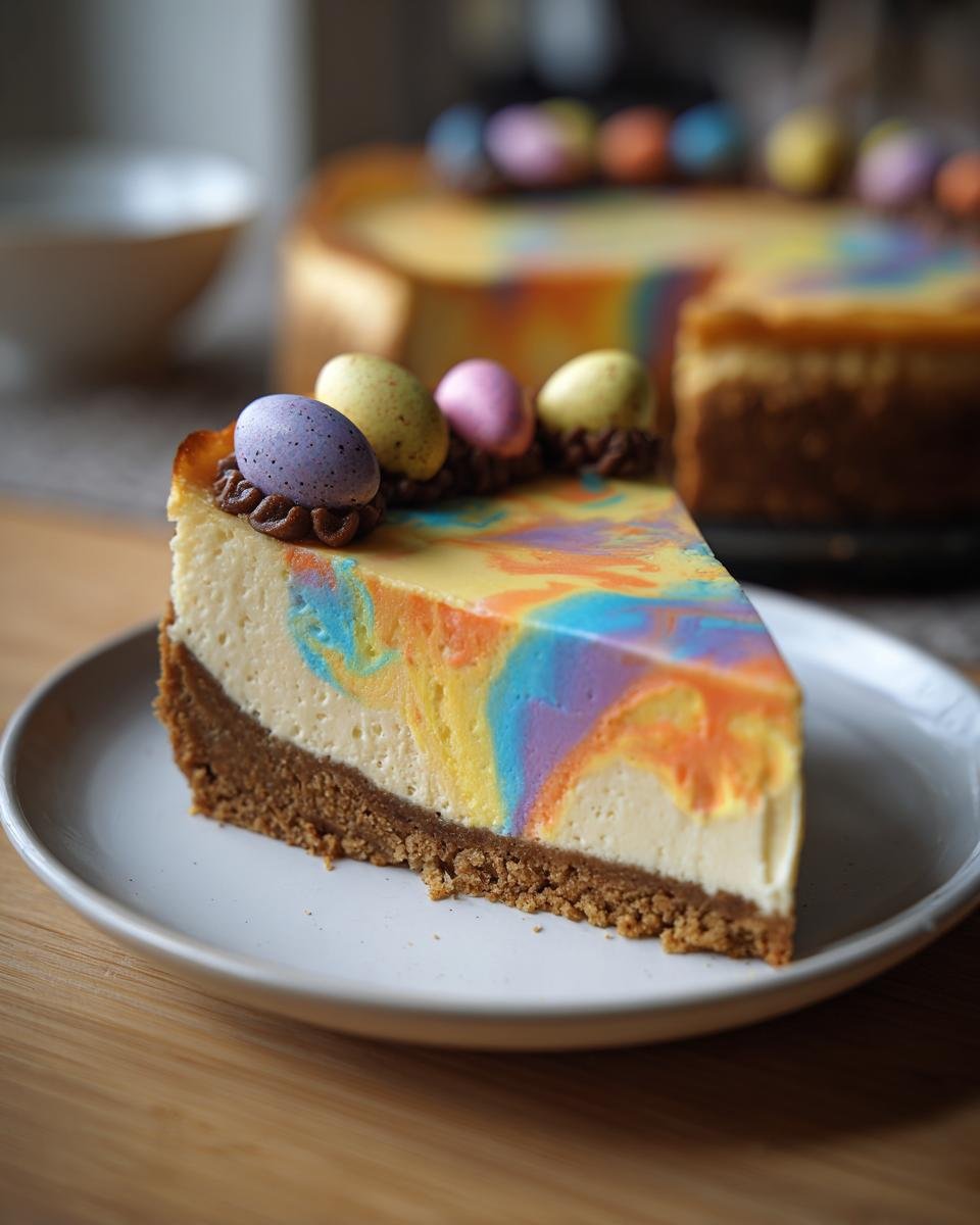 A slice of Irresistible Easter Egg Cheesecake with colorful swirls and chocolate frosting topped with mini Easter eggs.