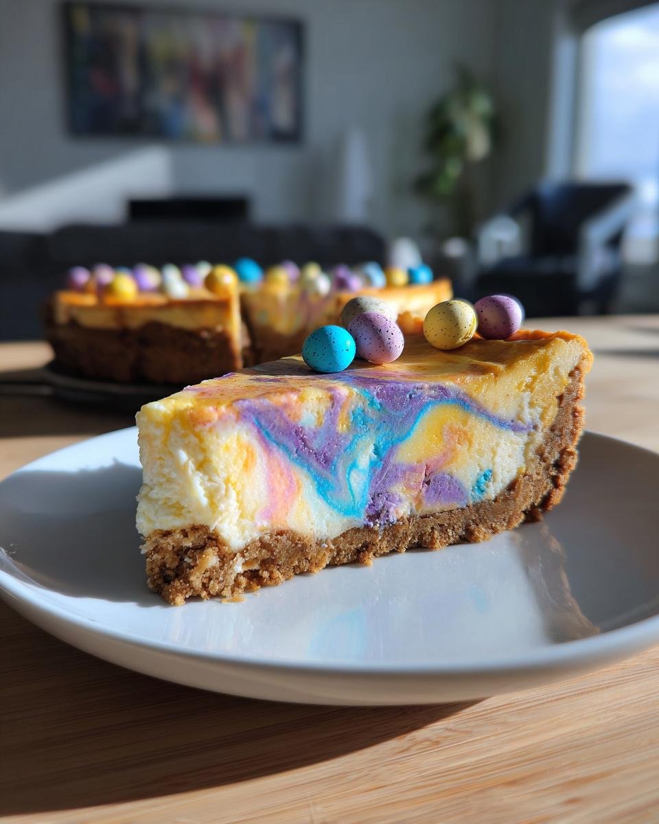 A slice of Irresistible Easter Egg Cheesecake Recipe with colorful swirls and pastel candy eggs on top.