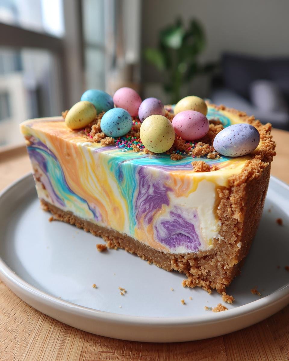 A slice of Irresistible Easter Egg Cheesecake with colorful swirls and pastel candy eggs on top.