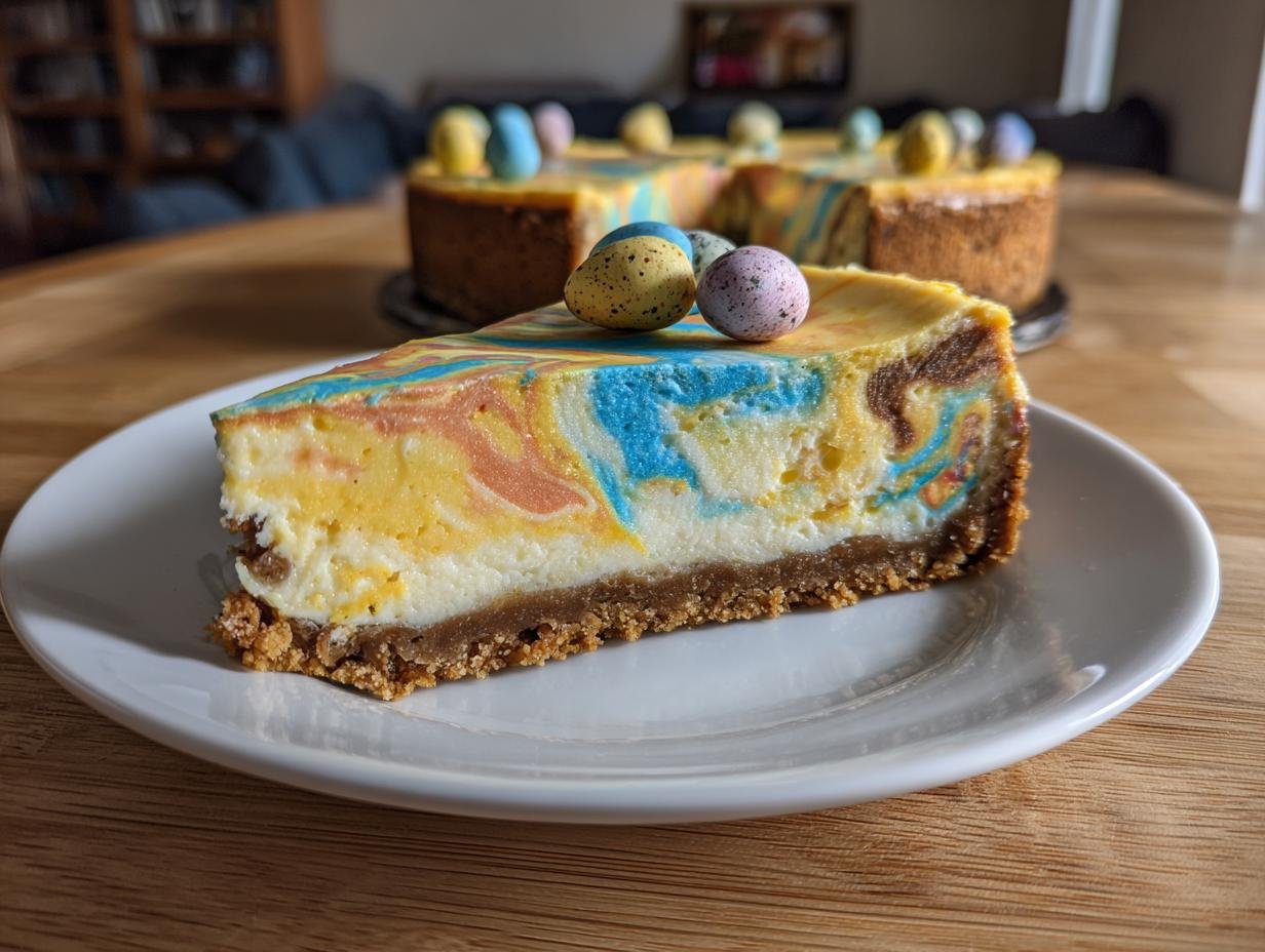 A slice of Irresistible Easter Egg Cheesecake with colorful swirls and mini chocolate eggs on top.