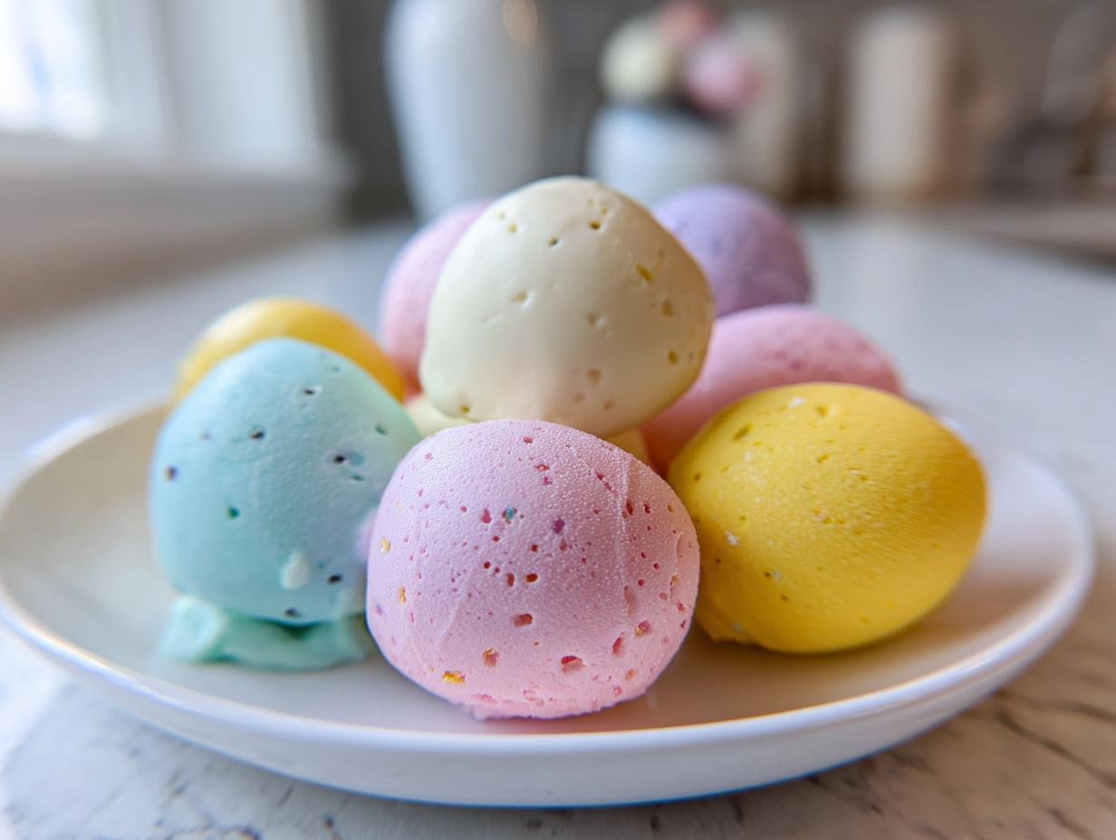 A pile of colorful Easter Egg Oreo Cookie Balls in pastel shades of yellow, pink, blue, and cream on a white plate.
