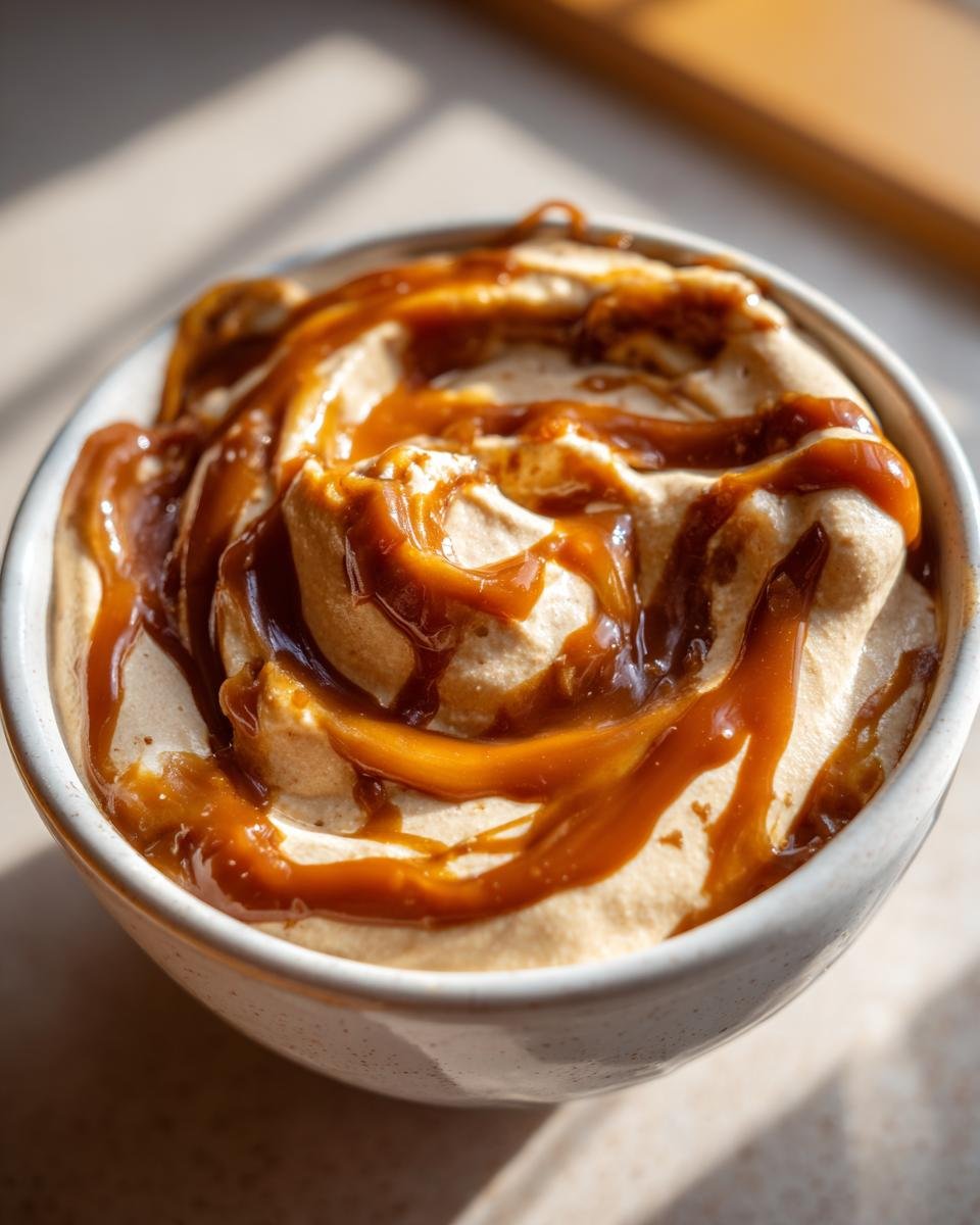 Close-up of a bowl of Irresistible Easy Caramel Pumpkin Pie Cheesecake Dip, drizzled with caramel sauce.