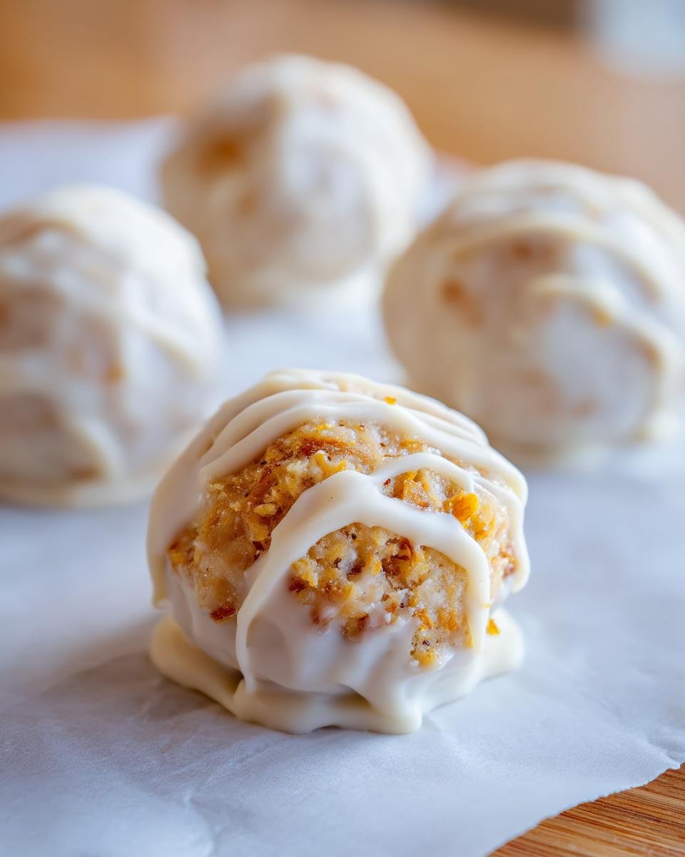 Close-up of an Irresistible Easy Carrot Cake Truffle coated in white chocolate, with more truffles in the background.