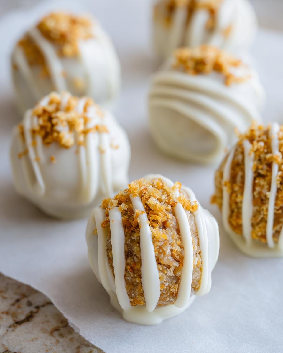 Close-up of Irresistible Easy Carrot Cake Truffles Recipe To Try Now, coated in white chocolate with a crumble topping.