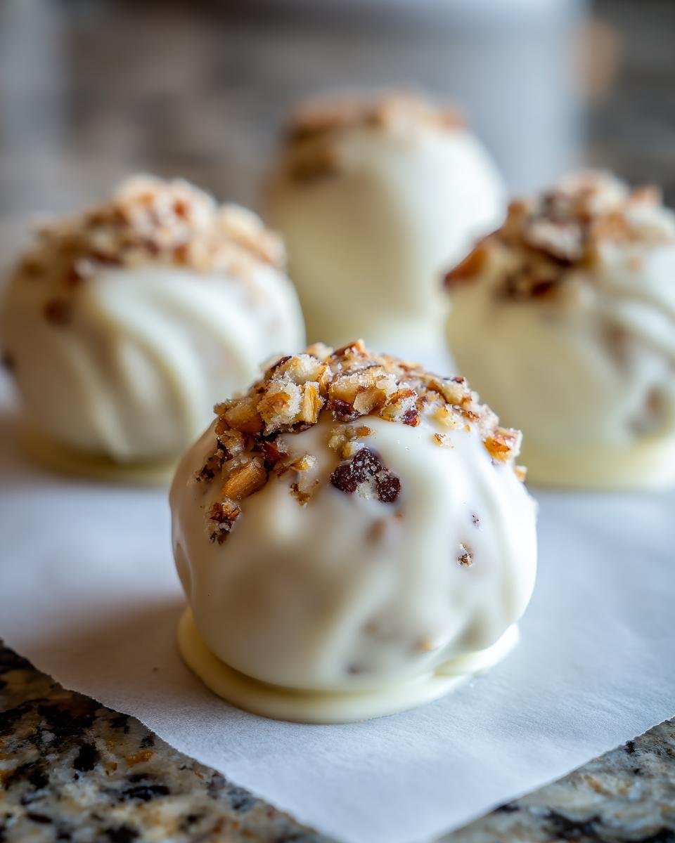 Close-up of white chocolate covered carrot cake truffles topped with chopped nuts.