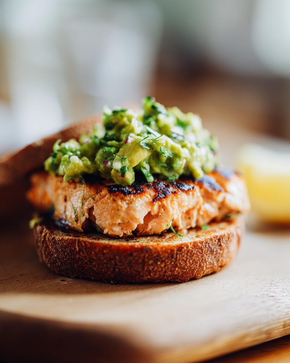 A close-up of an irresistible grilled salmon burger topped with fresh avocado salsa on a toasted bun.