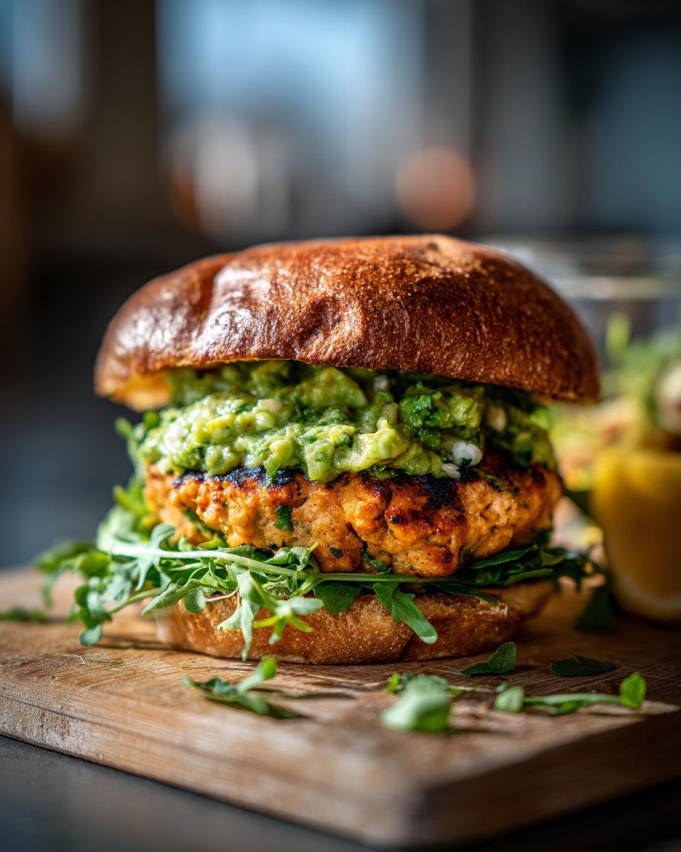 Close-up of an irresistible grilled salmon burger topped with fresh avocado salsa and arugula.