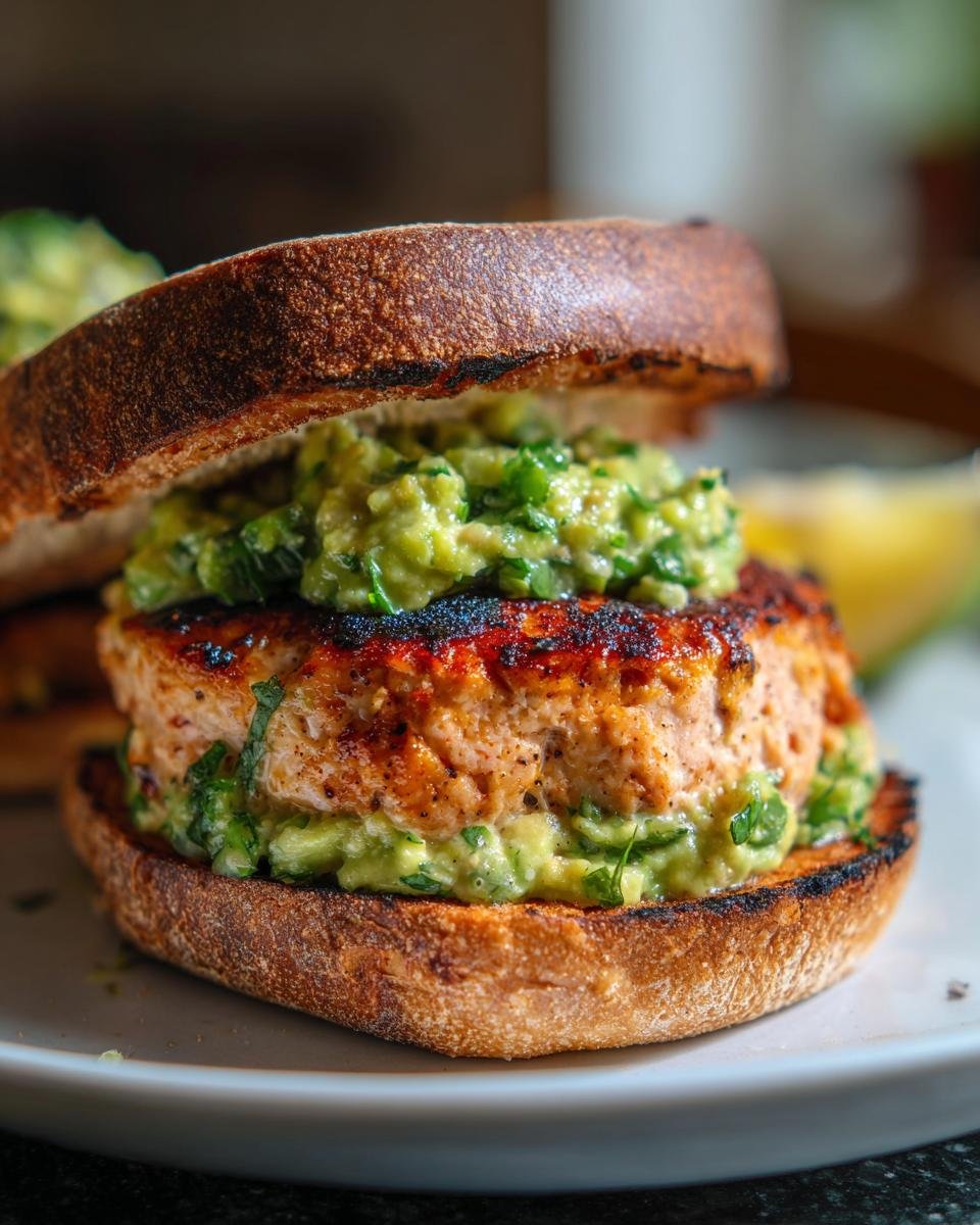 Close-up of an irresistible grilled salmon burger topped with fresh avocado salsa on a toasted bun.