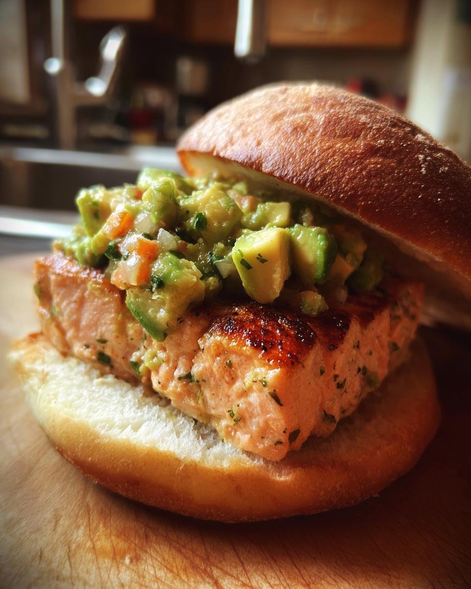 Close-up of an irresistible grilled salmon burger topped with fresh avocado salsa on a bun.