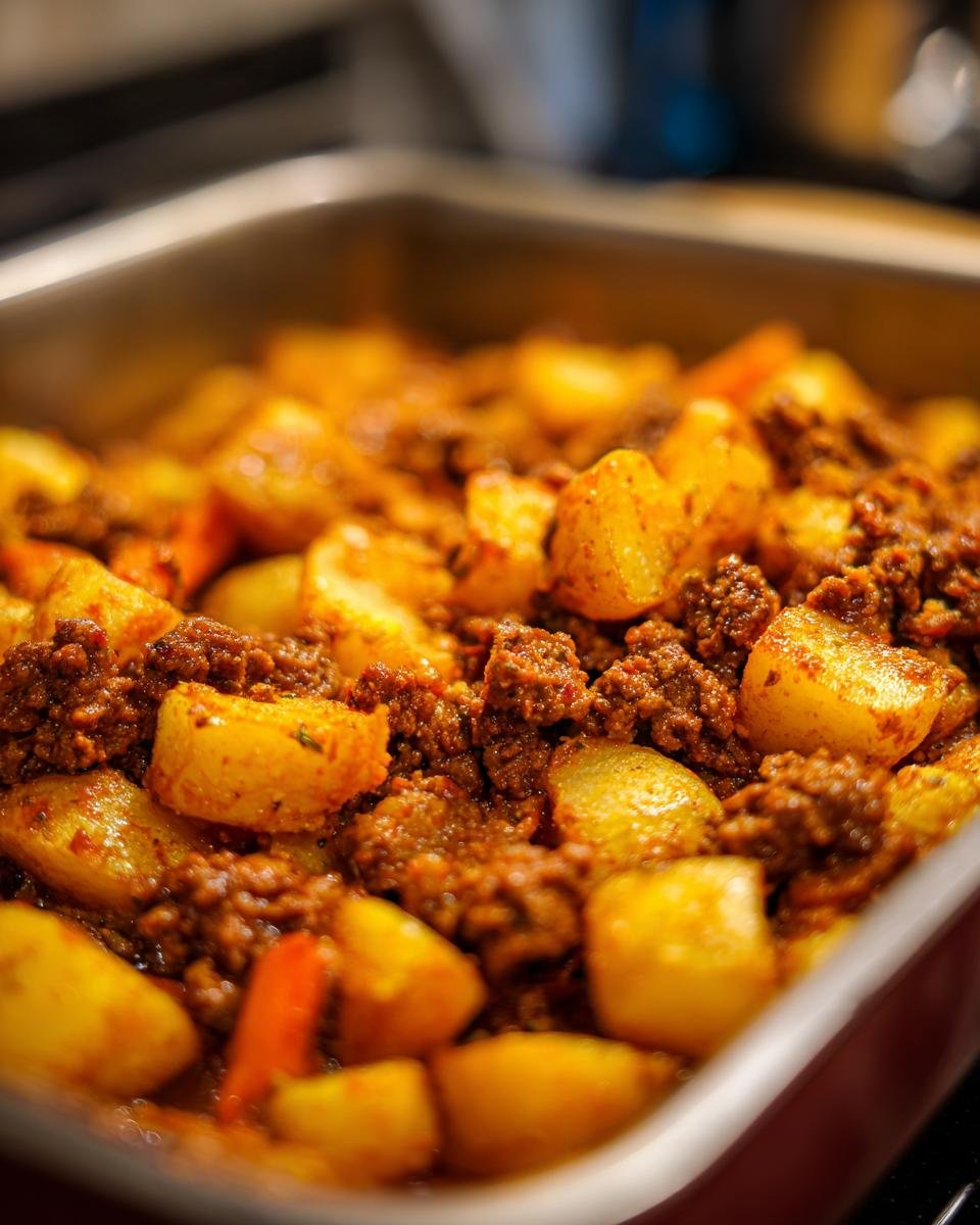 Close-up of a baking dish filled with Irresistible Ground Beef and Potatoes, showing chunks of potato and seasoned ground beef.