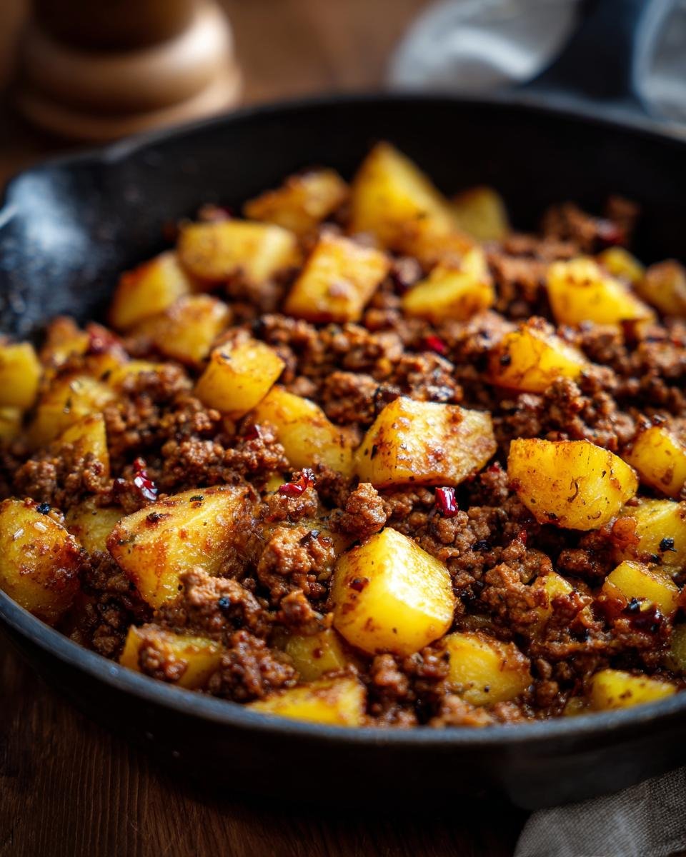 Close-up of an irresistible ground beef and potatoes comfort meal in a cast iron skillet.