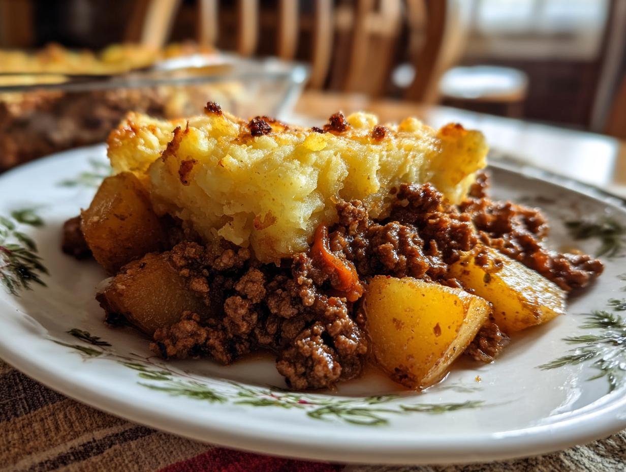 A hearty serving of Irresistible Ground Beef and Potatoes Comfort Recipe on a plate, featuring seasoned ground beef and tender potato chunks topped with mashed potatoes.
