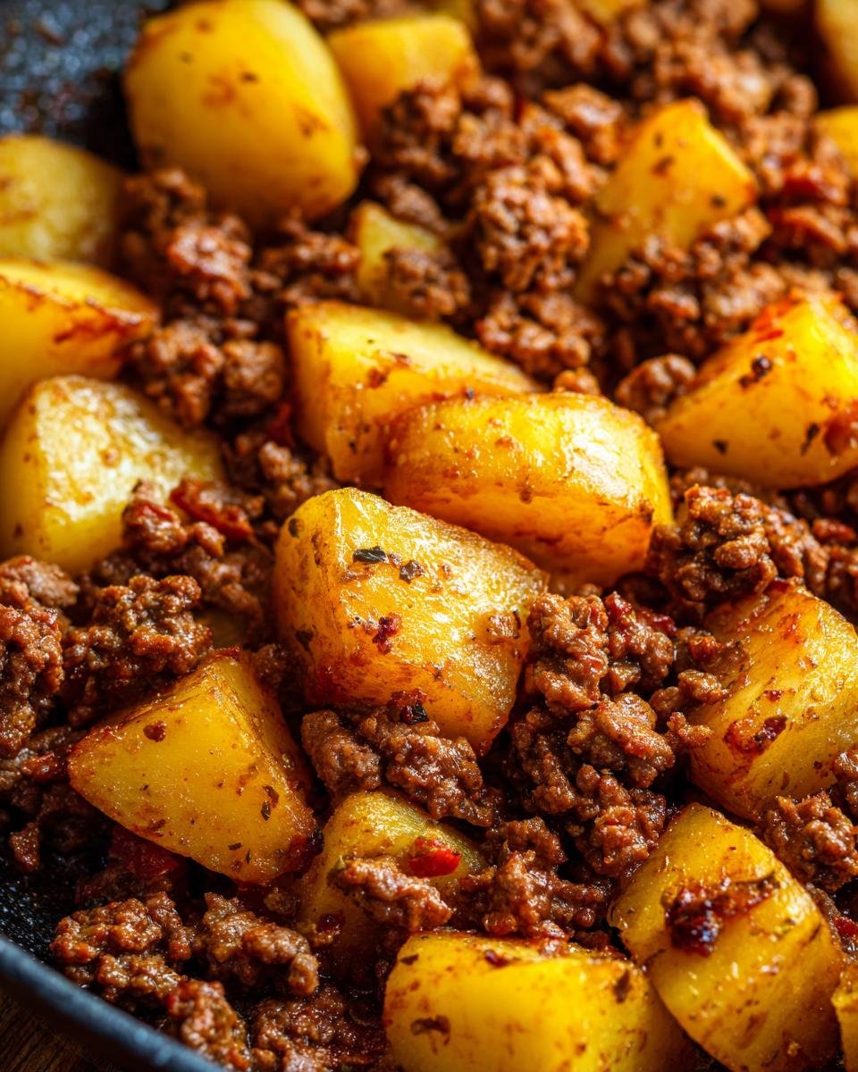 Close-up of Irresistible Ground Beef and Potatoes Comfort Recipe, showing seasoned ground beef mixed with golden potato chunks.