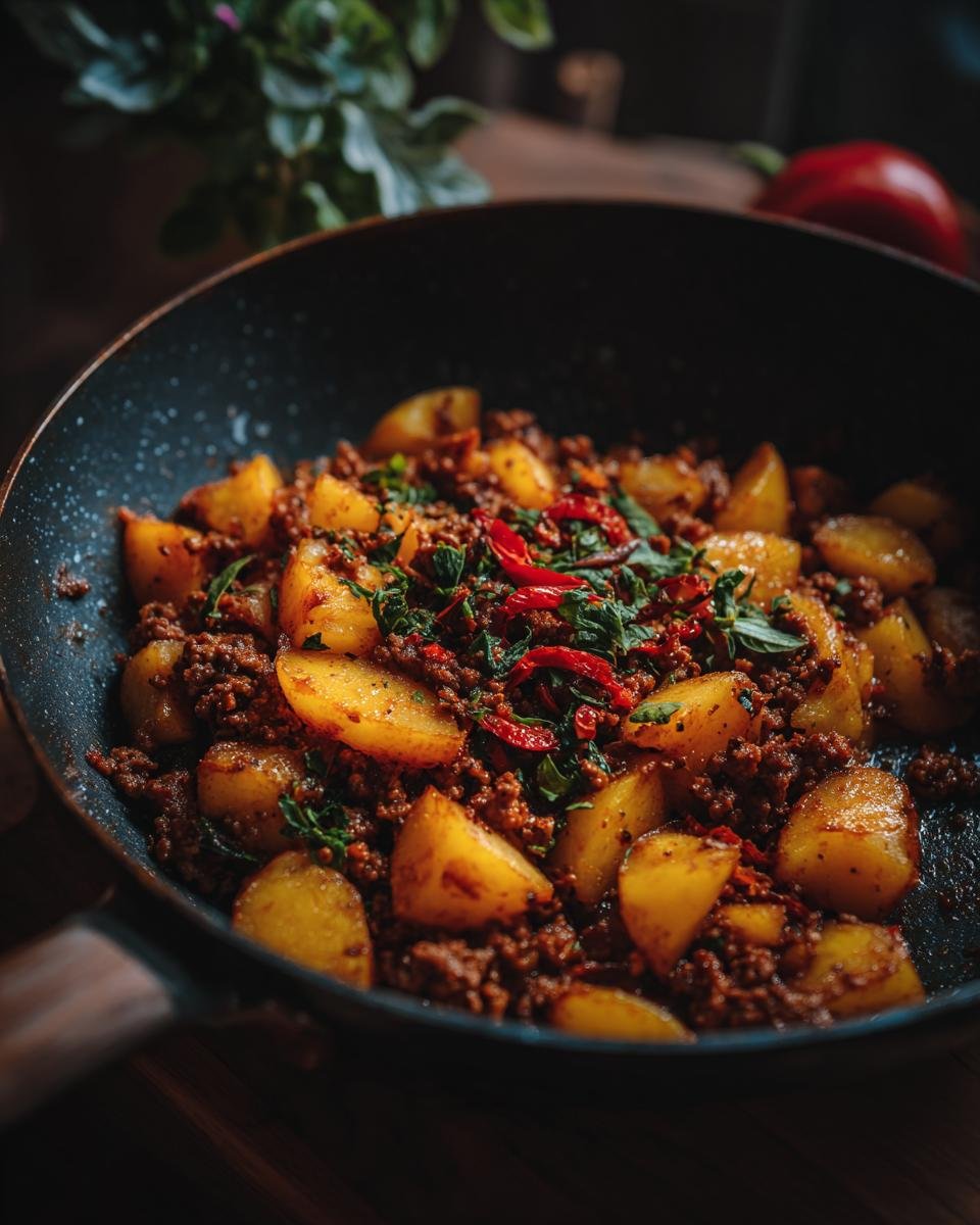 Close-up of Irresistible Ground Beef and Potatoes comfort recipe cooked in a skillet with chili and herbs.