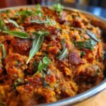 Close-up of Irresistible Ground Turkey Sweet Potato Casserole topped with fresh herbs.