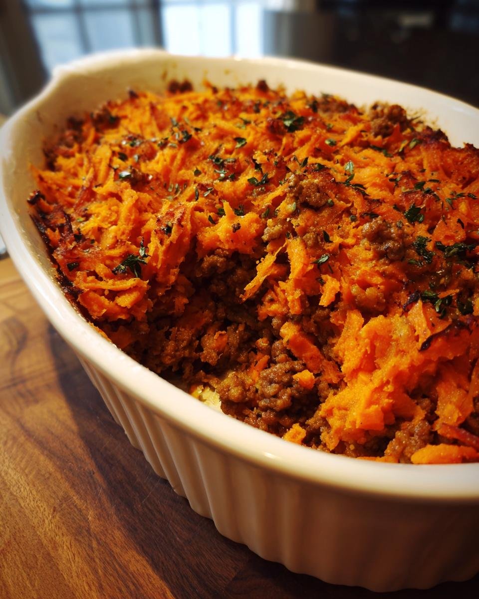 Close-up of an Irresistible Ground Turkey Sweet Potato Casserole in a white dish, topped with herbs.