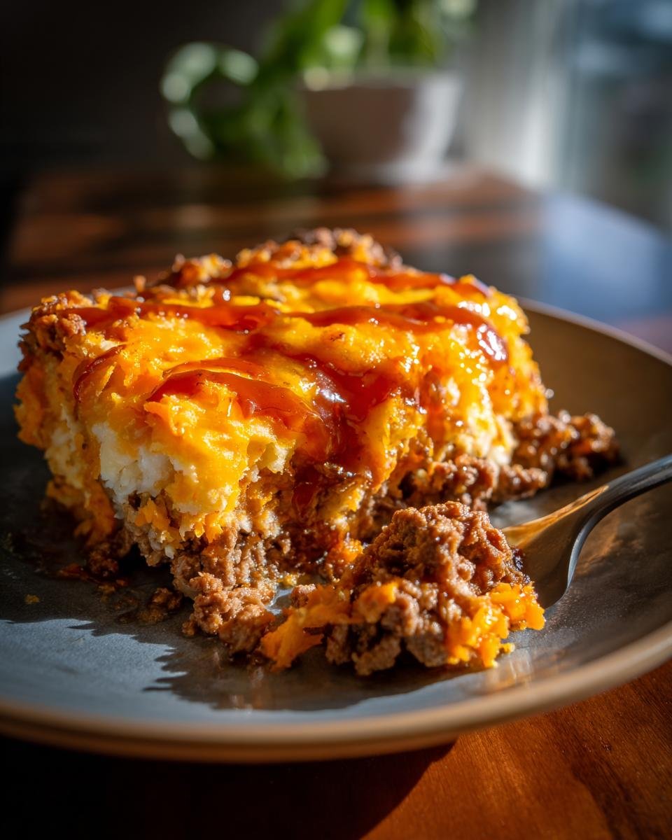 A slice of Irresistible Ground Turkey Sweet Potato Casserole with a fork taking a bite, showing layers of ground turkey, sweet potato, and cheese.