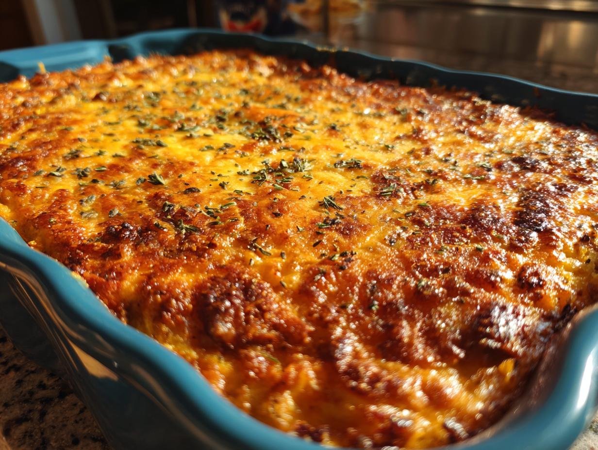Close-up of a freshly baked Irresistible Ground Turkey Sweet Potato Casserole in a blue baking dish, topped with melted golden cheese and herbs.