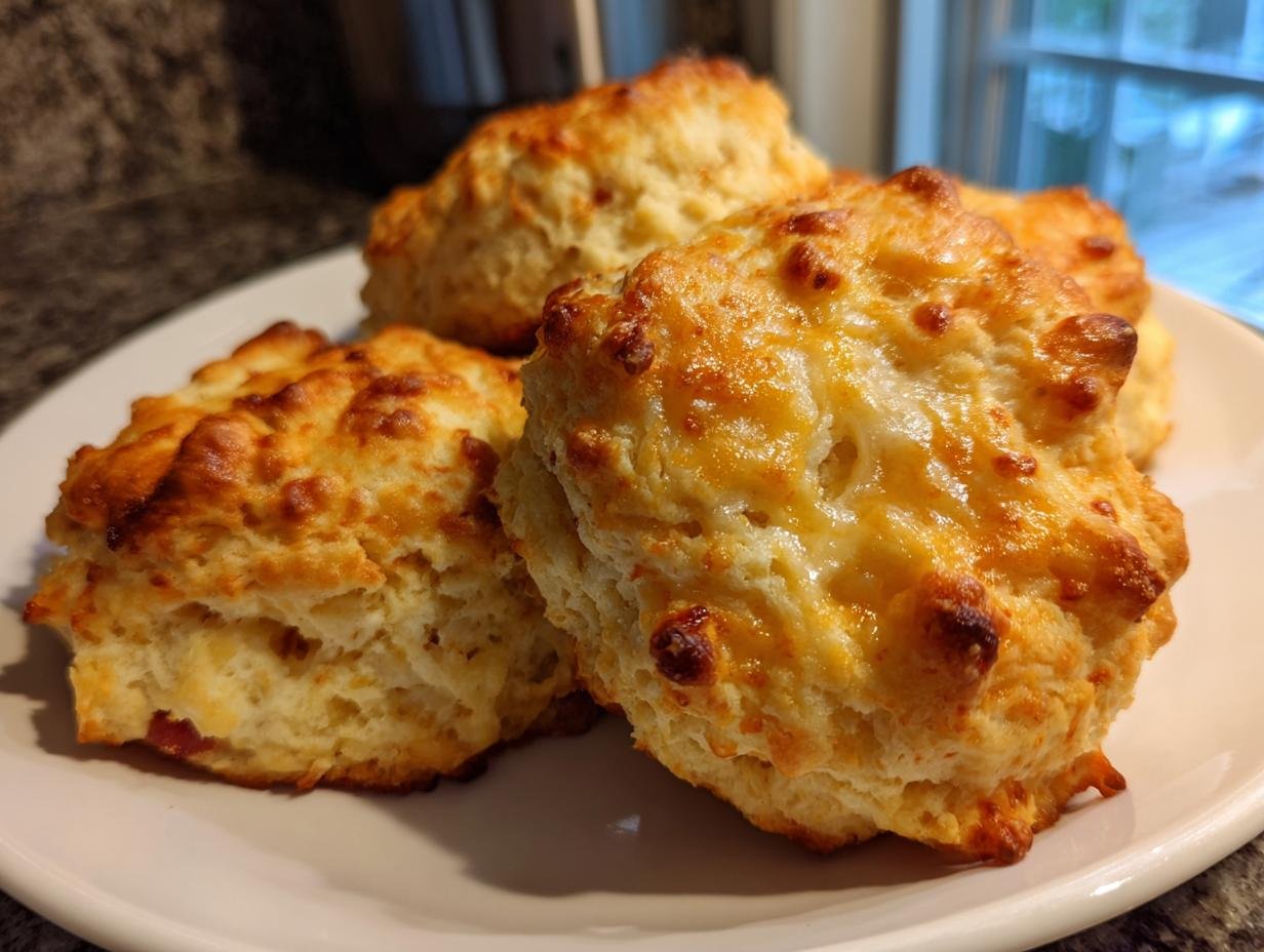Close-up of golden-brown Irresistible Ham And Cheese Butter Swim Biscuits piled on a white plate.