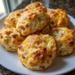 A close-up of a pile of Irresistible Ham And Cheese Butter Swim Biscuits, golden brown with melted cheese and visible ham pieces.