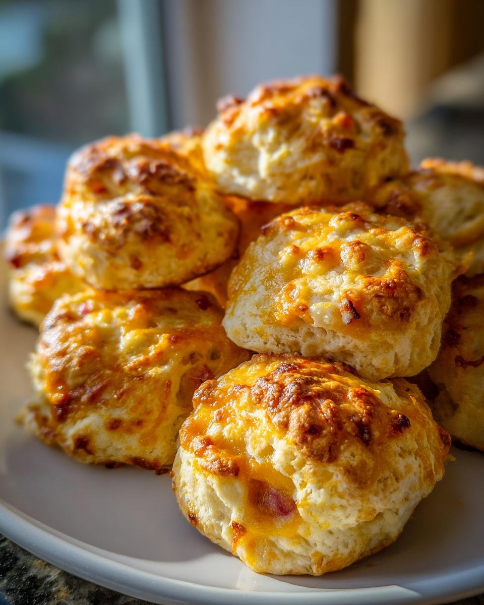 A stack of golden-brown Irresistible Ham And Cheese Butter Swim Biscuits, topped with melted cheese.