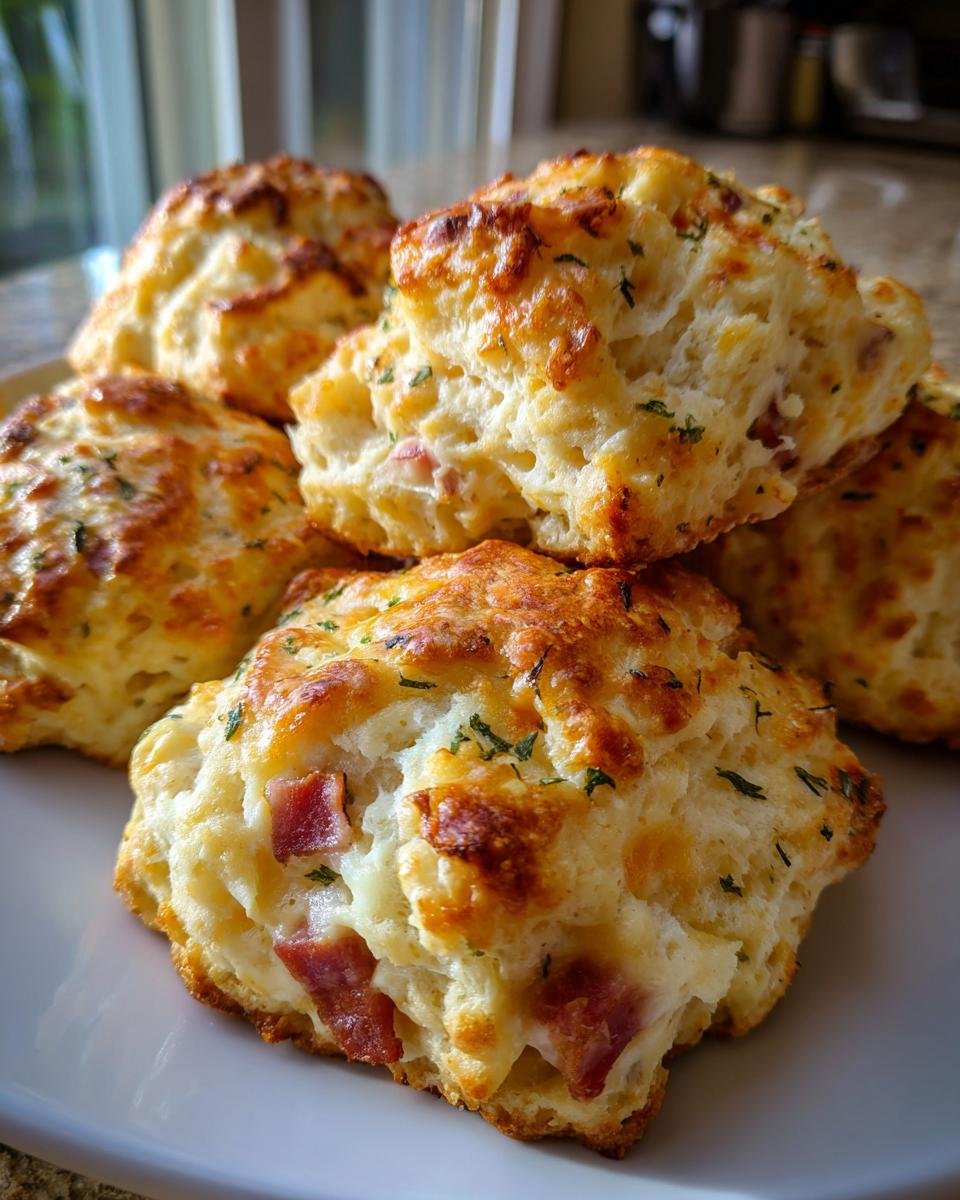 A close-up of golden-brown Irresistible Ham And Cheese Butter Swim Biscuits, studded with savory ham and cheese, and sprinkled with herbs.