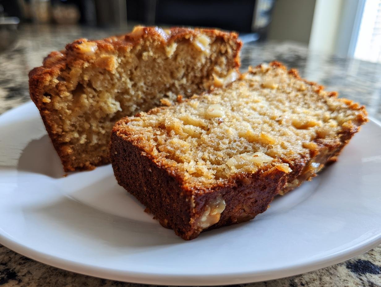 Two slices of Irresistible Hawaiian Banana Bread on a white plate, showcasing its moist texture and banana chunks.