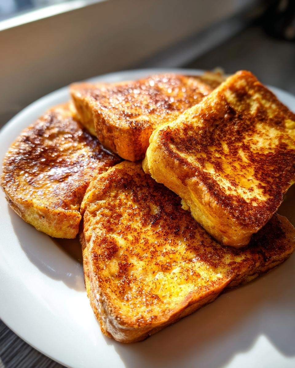 Close-up of golden-brown Irresistible Hawaiian Roll French Toast slices dusted with cinnamon on a white plate.