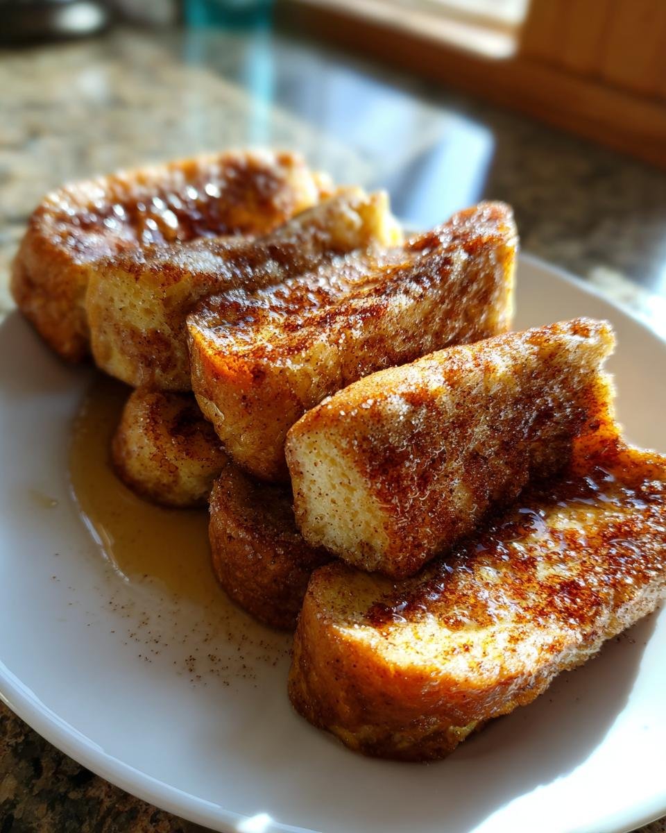 Close-up of Irresistible Hawaiian Roll French Toast slices dusted with cinnamon and sugar, drizzled with syrup.