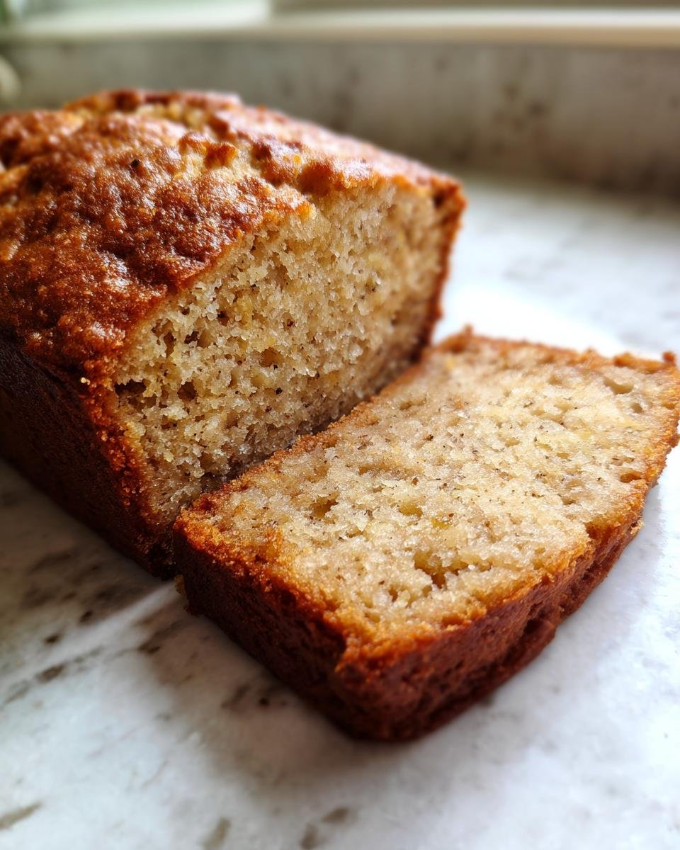 Close-up of a sliced Irresistible Healthy Banana Bread Recipe, showing its moist crumb and golden-brown crust.