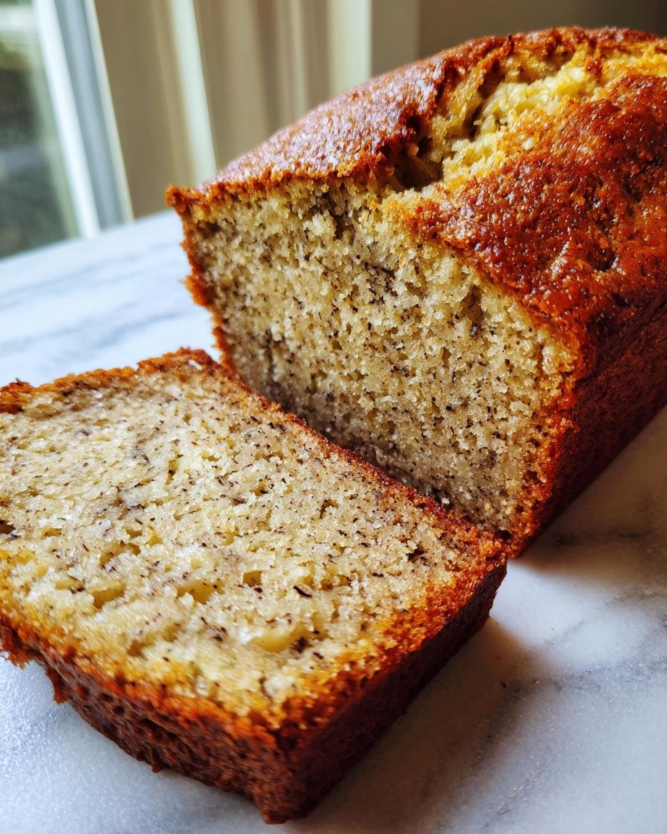 A close-up of a freshly baked loaf of Irresistible Healthy Banana Bread, with one slice cut.
