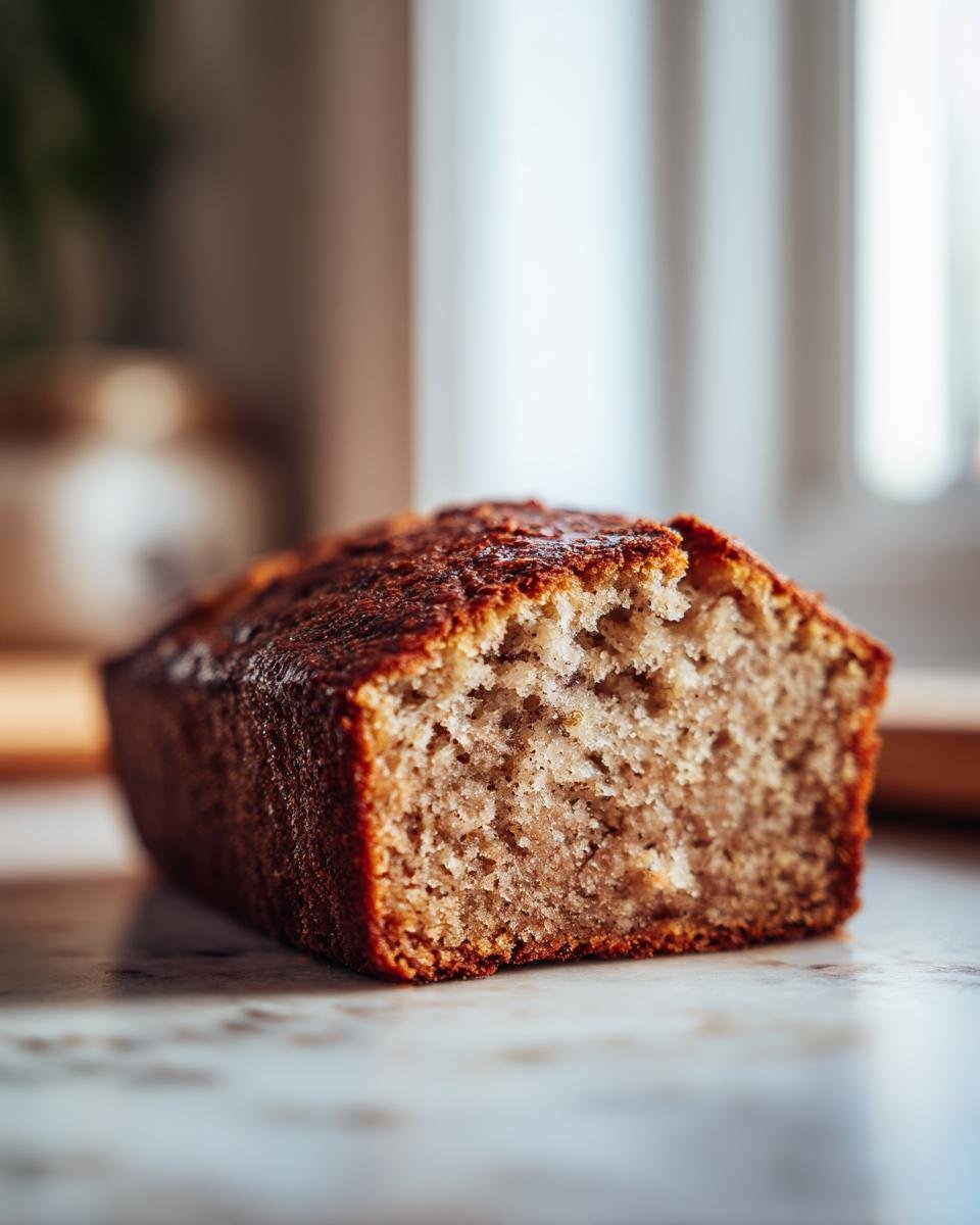 Close-up of a moist slice of Irresistible Healthy Banana Bread Recipe, showing its tender crumb and golden-brown crust.