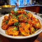A close-up of a white plate piled high with Irresistible Honey Butter Chicken bites, glistening with sauce and sprinkled with fresh parsley.