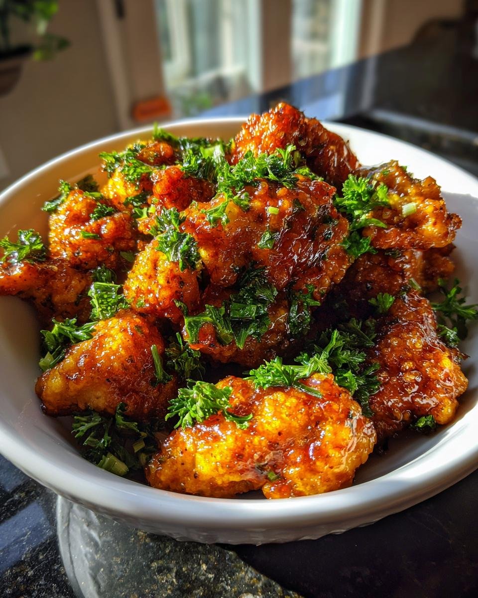 A bowl of Irresistible Honey Butter Chicken bites, coated in a glossy sauce and sprinkled with fresh parsley.