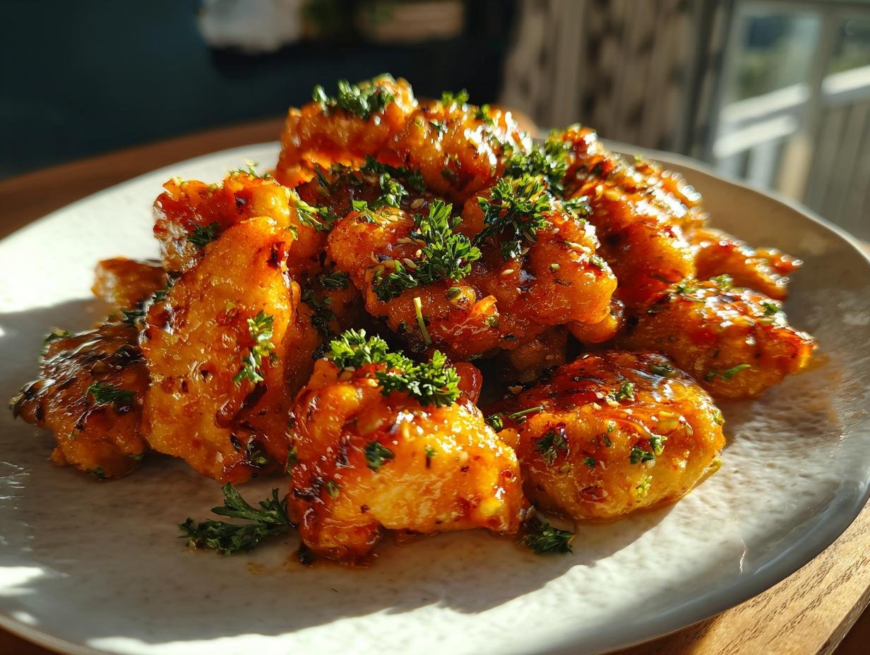 Close-up of Irresistible Honey Butter Chicken Recipe bites, glazed and topped with fresh parsley.
