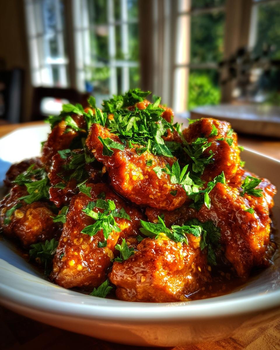 A close-up of a white bowl filled with Irresistible Honey Butter Chicken, garnished with fresh parsley.