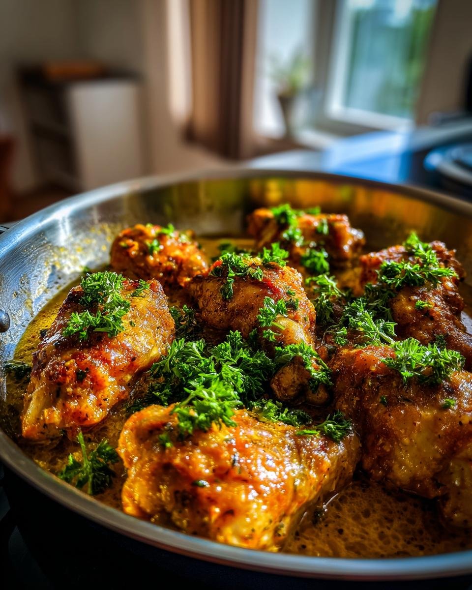 Close-up of Irresistible Honey Butter Chicken recipe pieces in a pan, garnished with fresh parsley.
