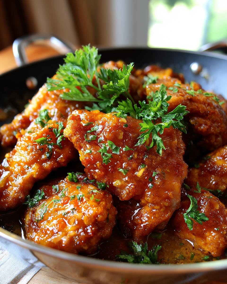 Close-up of glistening, saucy honey butter chicken wings garnished with fresh parsley in a pan.