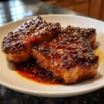 Three juicy pork chops glazed with a glistening honey garlic sauce, sprinkled with sesame seeds.