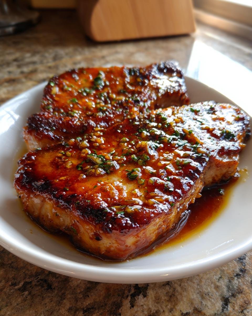 Two juicy pork chops glazed with honey garlic sauce and sprinkled with herbs on a white plate.