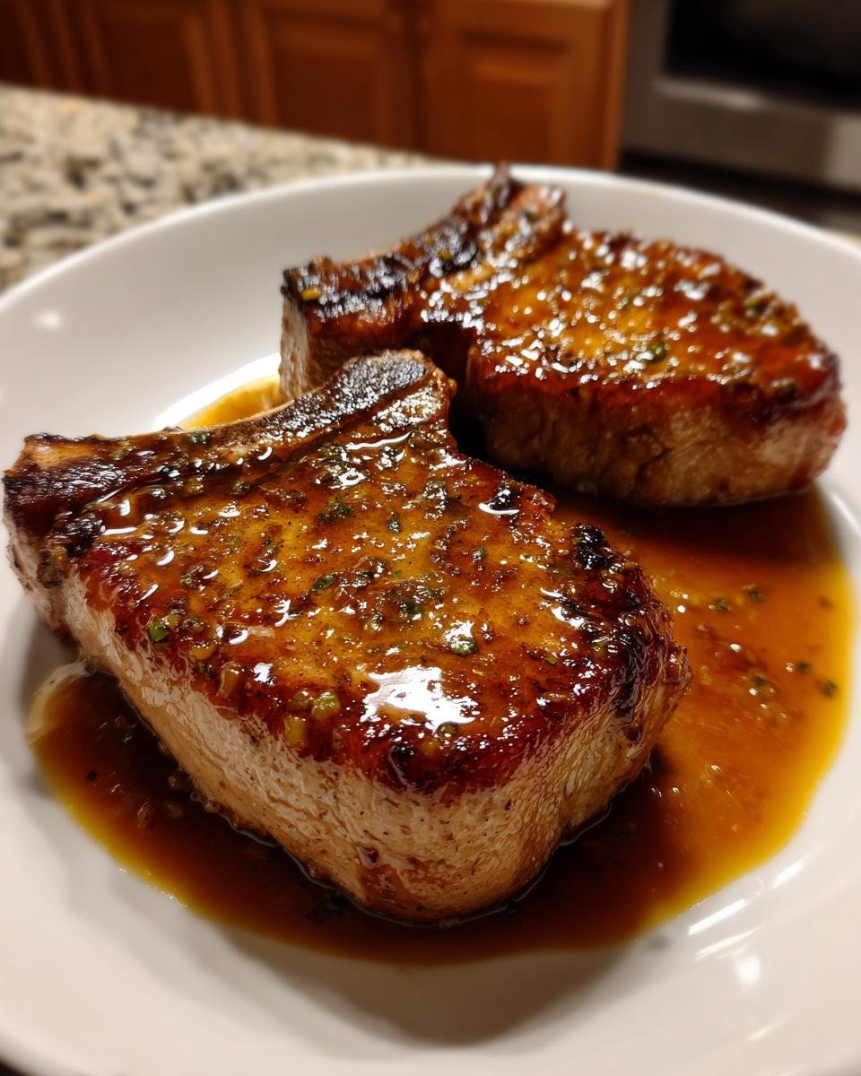 Two juicy, pan-seared pork chops coated in a glistening honey garlic sauce, served on a white plate.